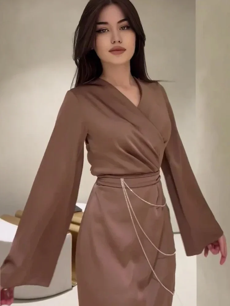 Laxsesu Elegant Bodycon Long Satin Dress Fall Winter V Neck Lace-up Chain Brown Dress Party Evening Maxi Dresses for Women 2024 2