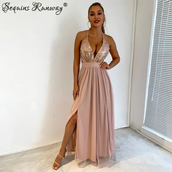Sexy backless slip Sequin corset maxi summer dress women mesh long bodycon red Christmas party dress bridesmaid evening dresses 3