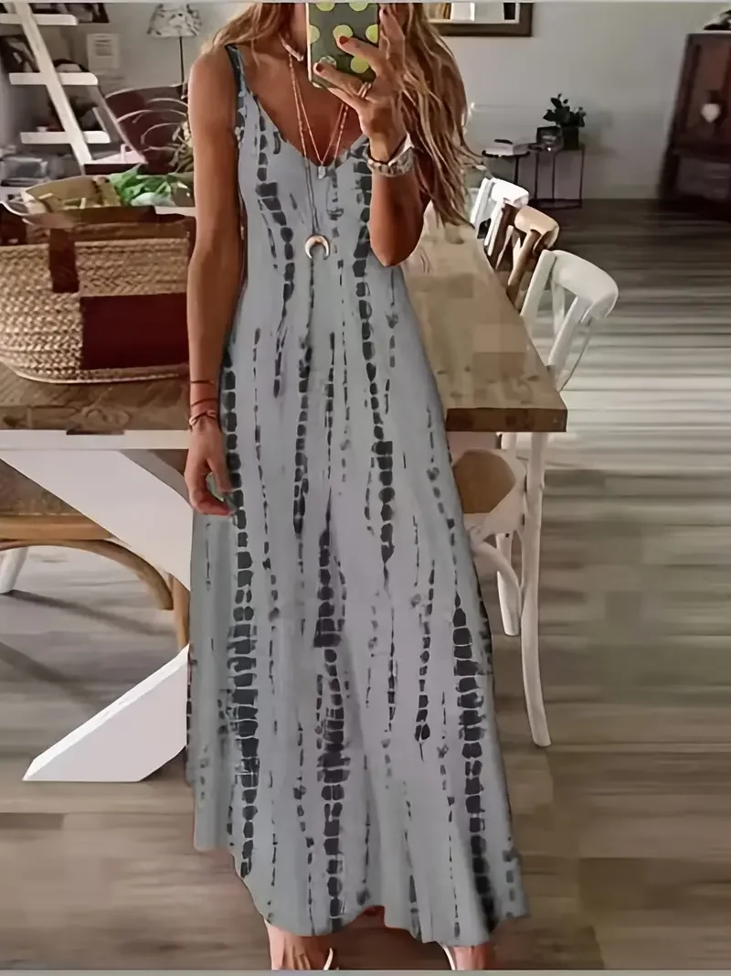 Women's Casual Loose V-neck Tie Dye Printed Spaghetti Maxi Dress Summer Beach Vacation Long Dress 6