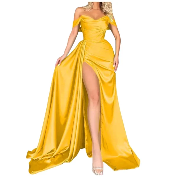 Sexy Long Satin Off Shoulder Evening Dresses for Women Fashion Backless Bodycon High Slit Strapless Elegant Party Prom Gown 2