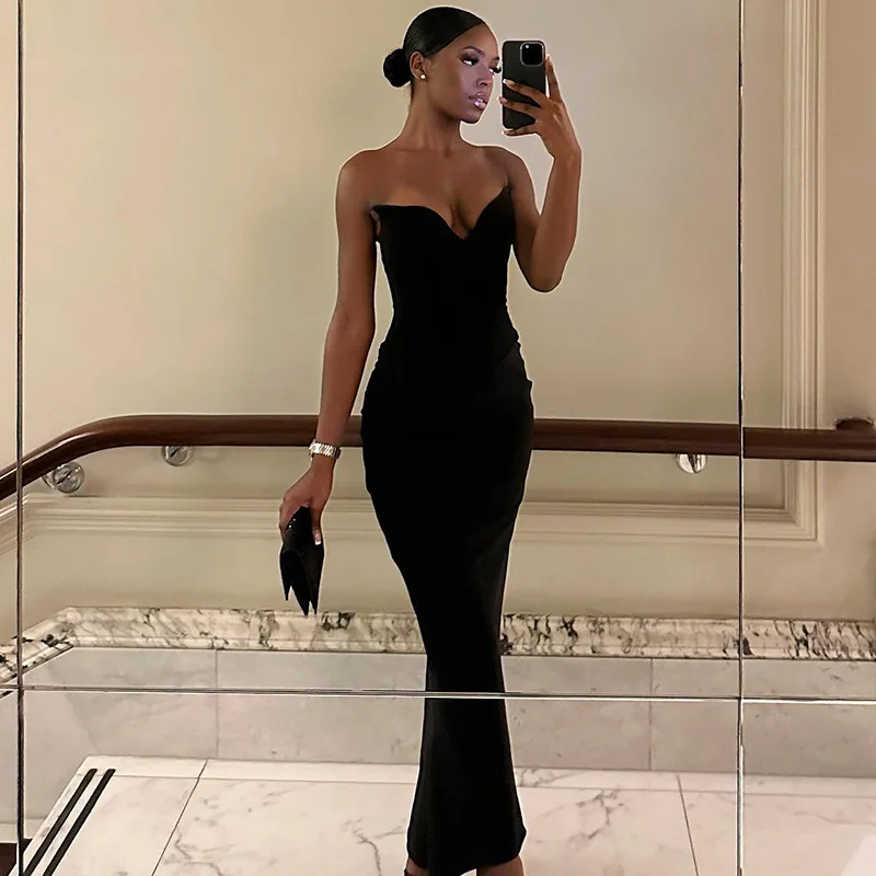 Sexy Black Strapless Corset Dresses for Women, Elegant V Neck, Backless Bodycon, Long Maxi Dress, Evening Party 2 Sexy Black Strapless Corset Dresses for Women, Elegant V Neck, Backless Bodycon, Long Maxi Dress, Evening Party 2