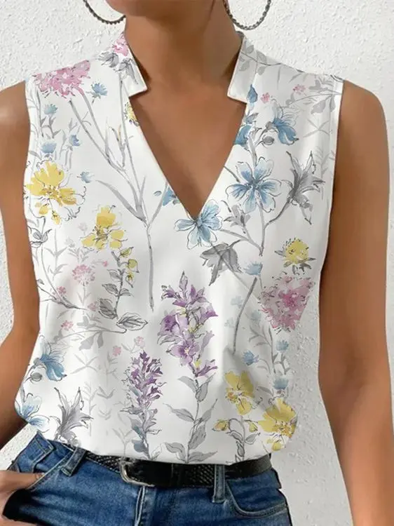 Fashion V-neck Sleeveless Print Women Tops And Blouses 2023 Summer Casual White Tank Top Femme Shirt Blouse 3