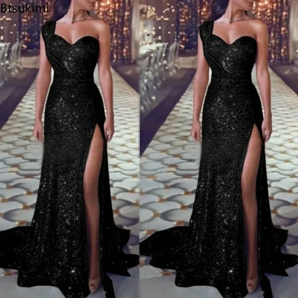2024 Women's Wedding Party Dress Evening Elegant Sexy Deep V Neck One Shoulder Sleeveless Sequined Long Maxi Dresses For Women 3
