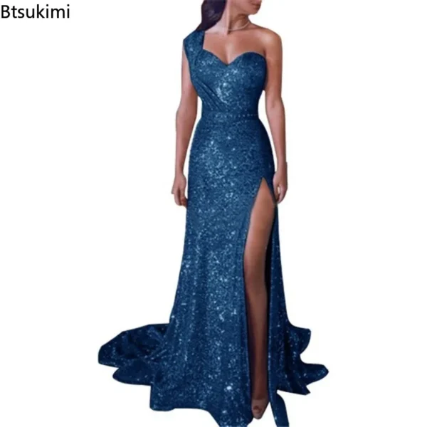 2024 Women's Wedding Party Dress Evening Elegant Sexy Deep V Neck One Shoulder Sleeveless Sequined Long Maxi Dresses For Women 6