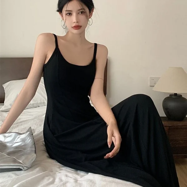 Rimocy Sexy Low Collar Spaghetti Strap Dress Women Slim Fit Black Long Beach Dresses Woman 2024 Buttons Sleeveless Maxi Sundress 4