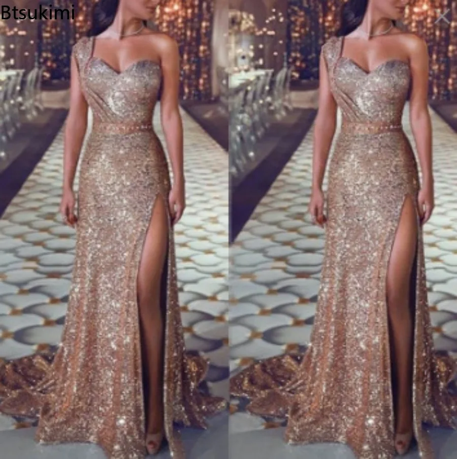 2024 Women's Wedding Party Dress Evening Elegant Sexy Deep V Neck One Shoulder Sleeveless Sequined Long Maxi Dresses For Women 2