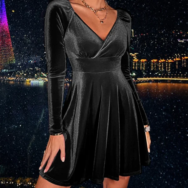 Women V-Neck Velvet Dress Elegant Long Sleeve Simple Solid Color Dress Slim Fit A-line Skirt For Evening Party 3