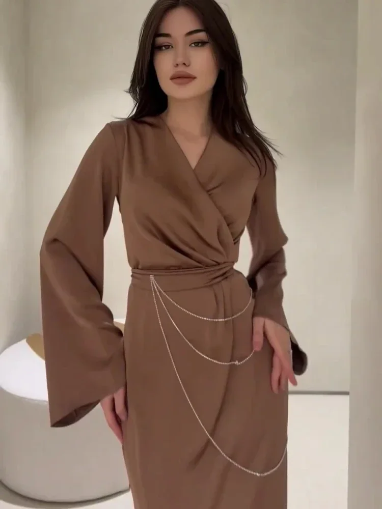 Laxsesu Elegant Bodycon Long Satin Dress Fall Winter V Neck Lace-up Chain Brown Dress Party Evening Maxi Dresses for Women 2024 3