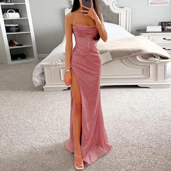Woman Spring Summer Bodycon Dress Sexy Shiny Sequins Spaghetti Strap Split High Waist Dress Lady Prom Dress Evening Dresses 1