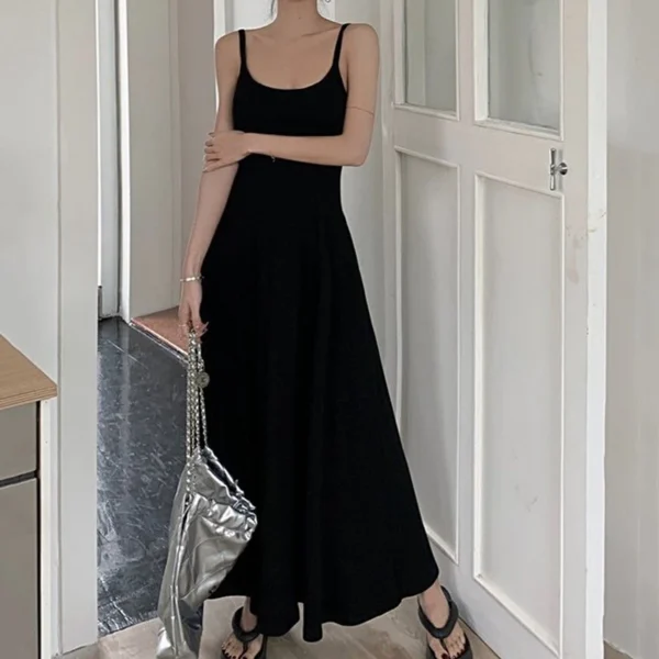 Rimocy Sexy Low Collar Spaghetti Strap Dress Women Slim Fit Black Long Beach Dresses Woman 2024 Buttons Sleeveless Maxi Sundress 6