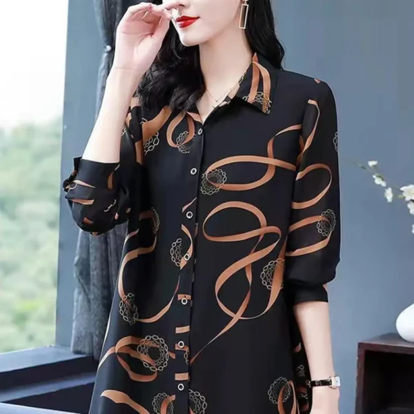 Lapel Long Sleeve Casual Shirt Single-breasted Thin Mid-aged Blouse Top Mother Printing Mid-length Shirt Daily Garment 5