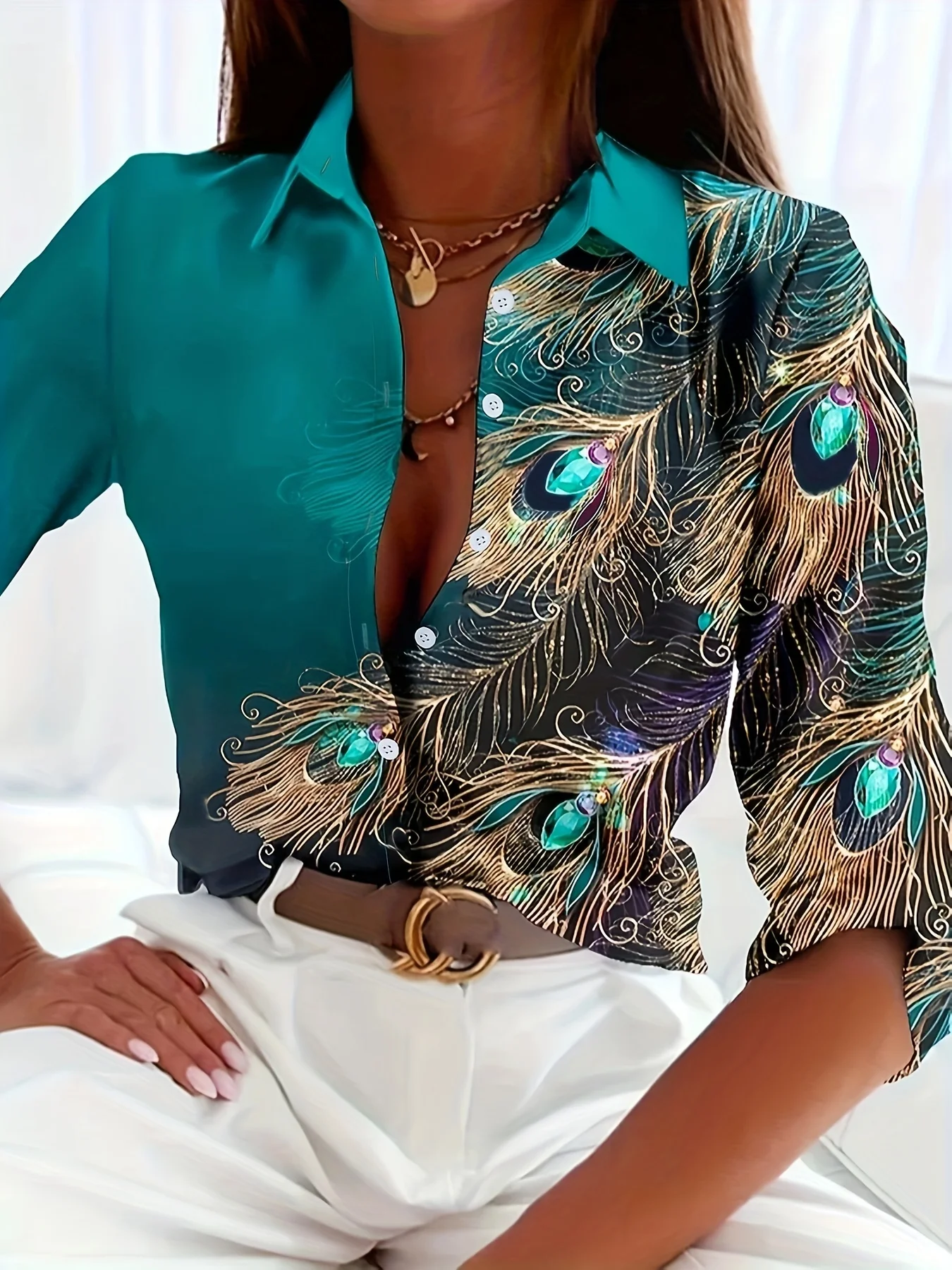 Peacock Print Casual Loose Women's Shirt 2023 Autumn Vintage Women's Oversized Shirts and Blouses Fashion Elegant Women's Tops 1