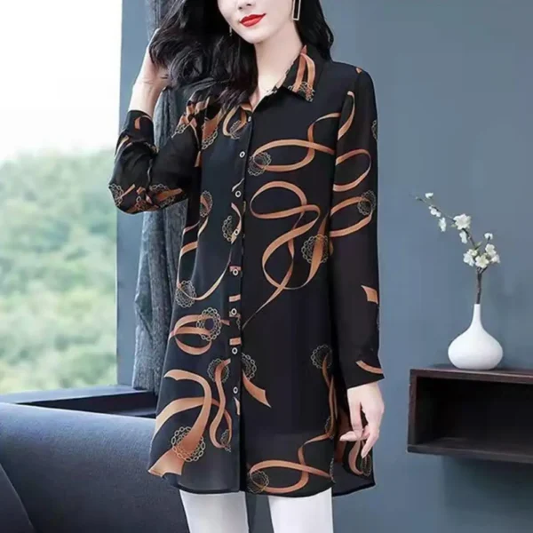 Lapel Long Sleeve Casual Shirt Single-breasted Thin Mid-aged Blouse Top Mother Printing Mid-length Shirt Daily Garment 2
