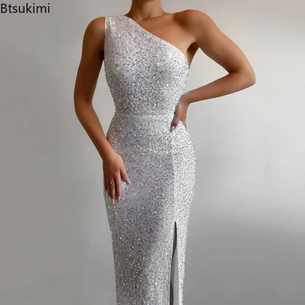 Sexy Single Shoulder Bodycon Slit Maxi Dress Women's Fashion Sequin Backless Party Evening Dresses Elegant Glitter Vestido Femme 3